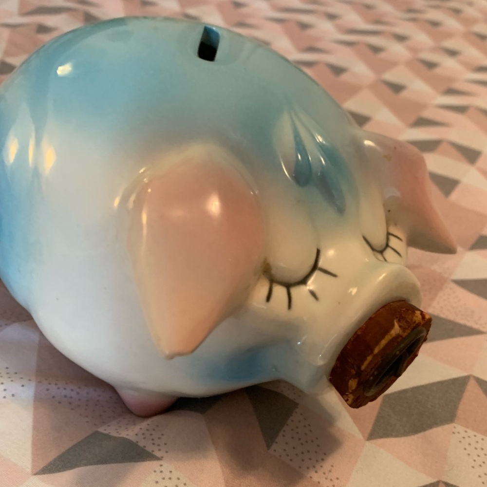 Vintage 1957 Charming Blue and Pink Corky Piggy Bank; Excellent condition